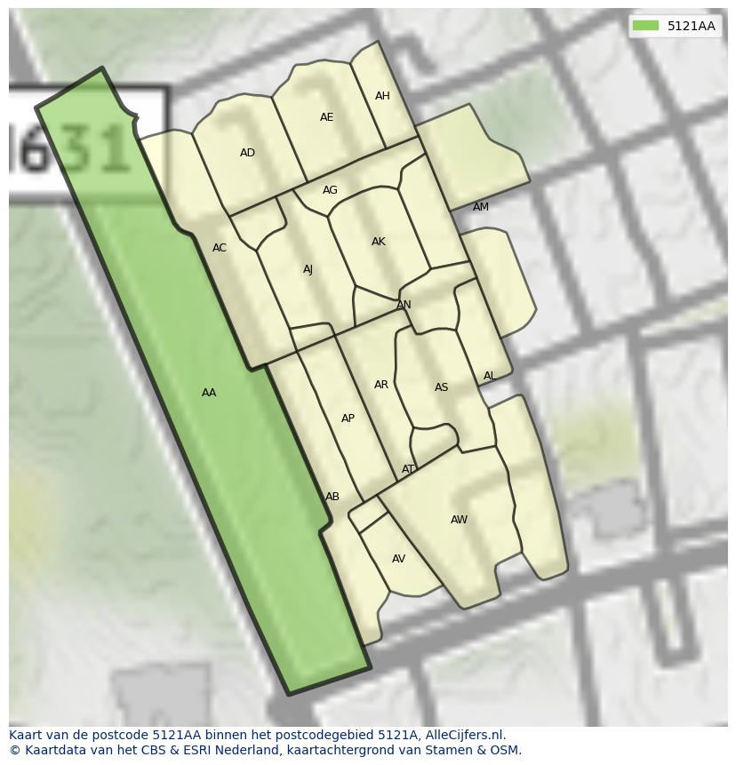 Afbeelding van het postcodegebied 5121 AA op de kaart.