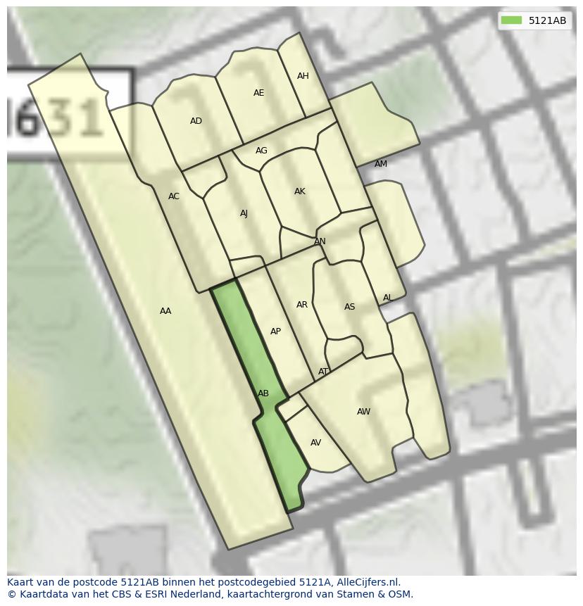 Afbeelding van het postcodegebied 5121 AB op de kaart.