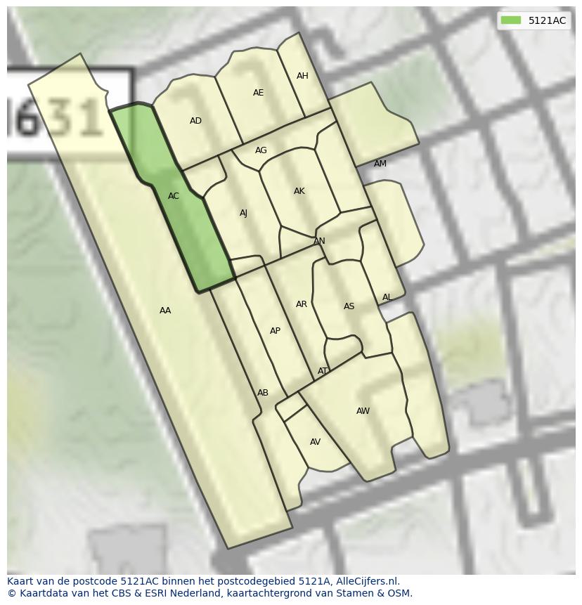 Afbeelding van het postcodegebied 5121 AC op de kaart.