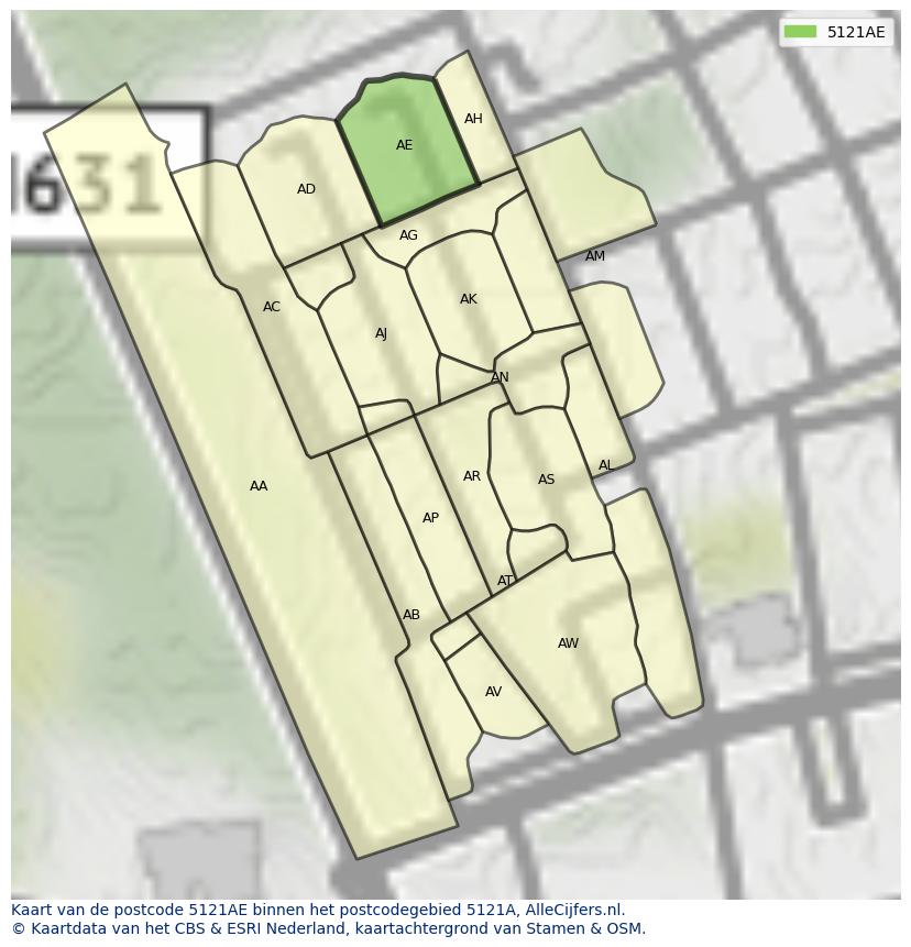 Afbeelding van het postcodegebied 5121 AE op de kaart.