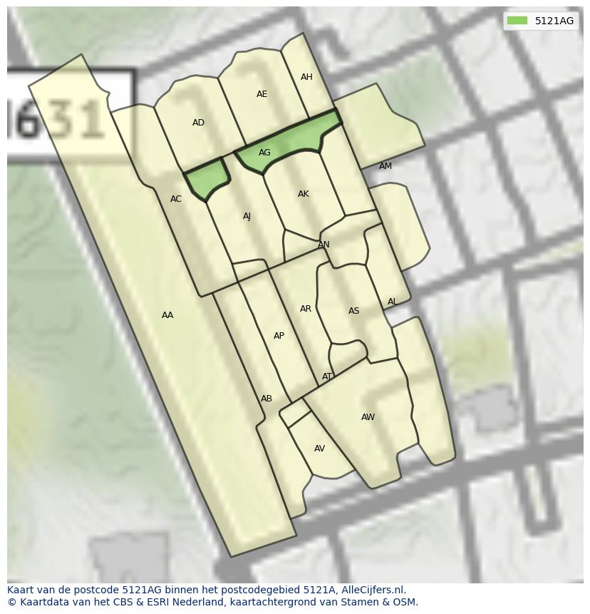 Afbeelding van het postcodegebied 5121 AG op de kaart.