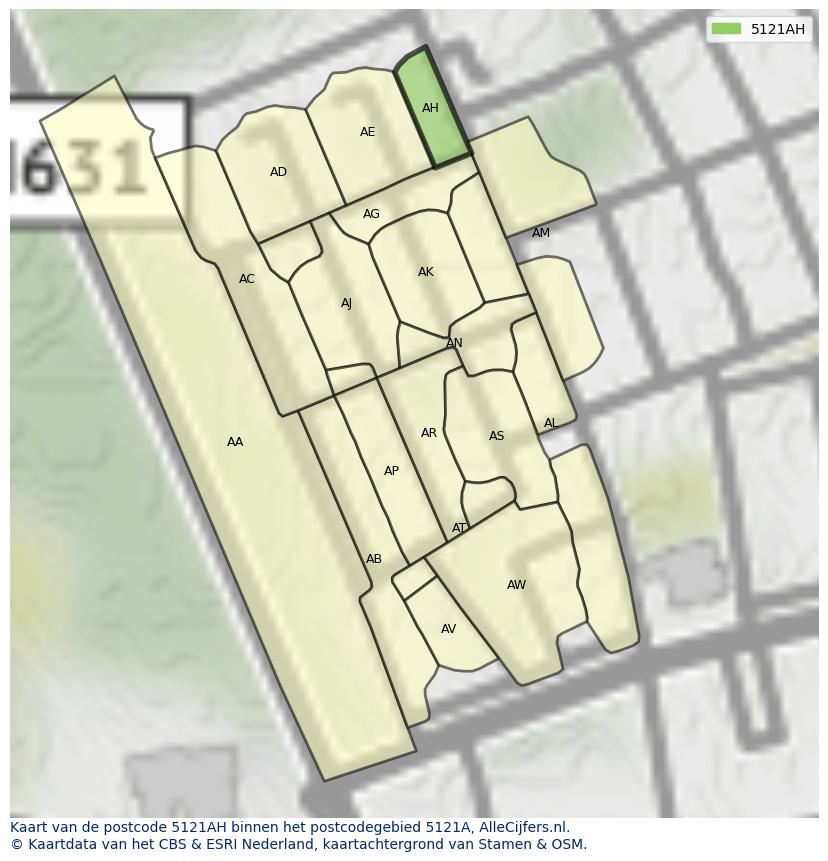 Afbeelding van het postcodegebied 5121 AH op de kaart.