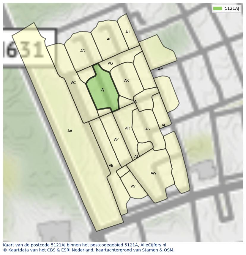 Afbeelding van het postcodegebied 5121 AJ op de kaart.