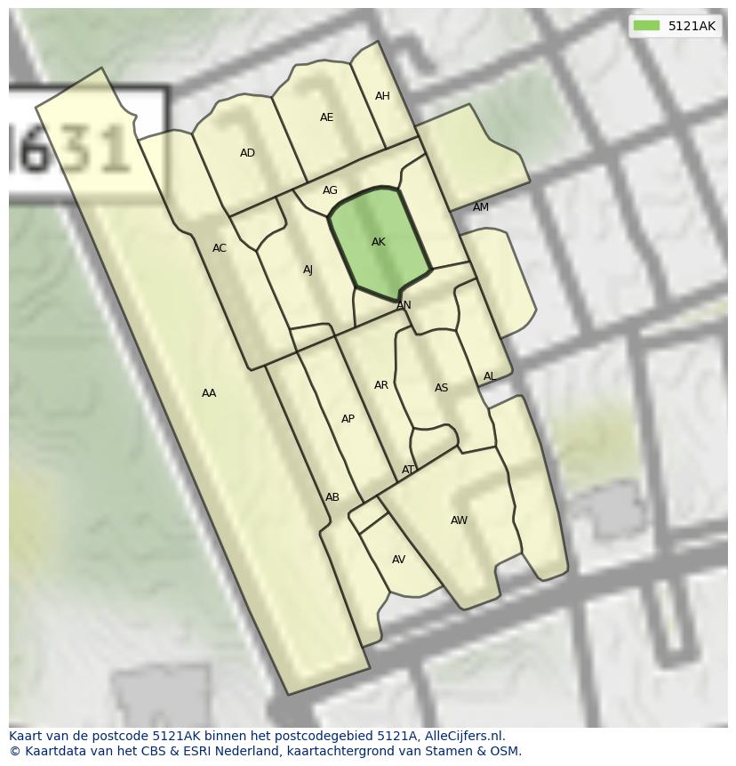 Afbeelding van het postcodegebied 5121 AK op de kaart.