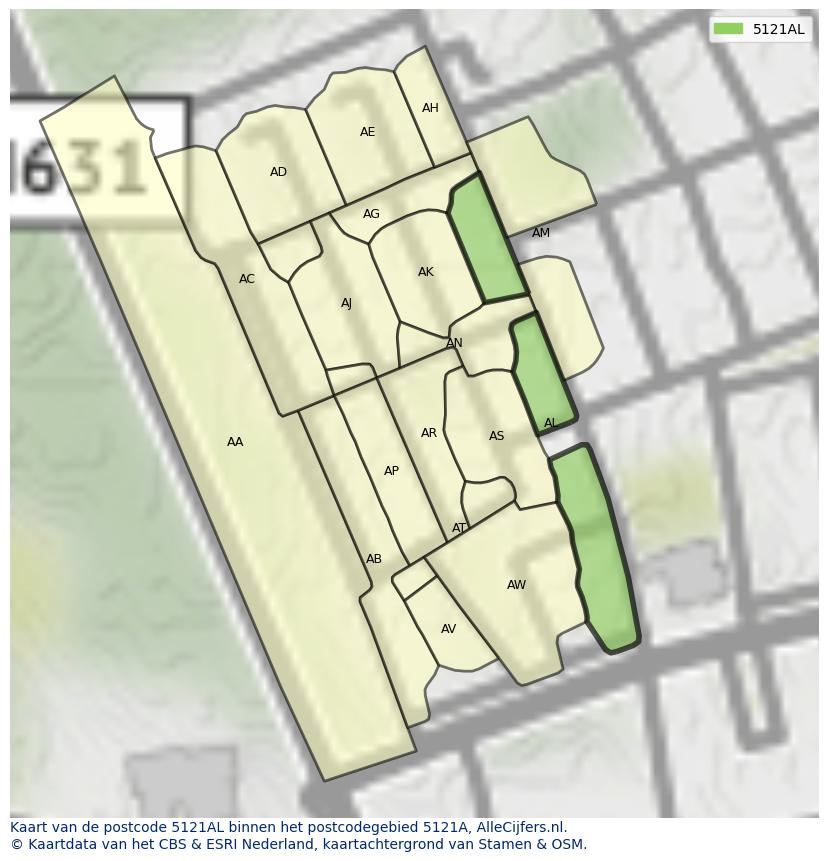 Afbeelding van het postcodegebied 5121 AL op de kaart.