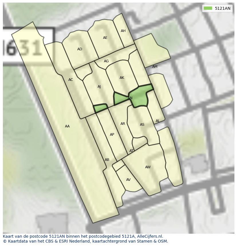 Afbeelding van het postcodegebied 5121 AN op de kaart.