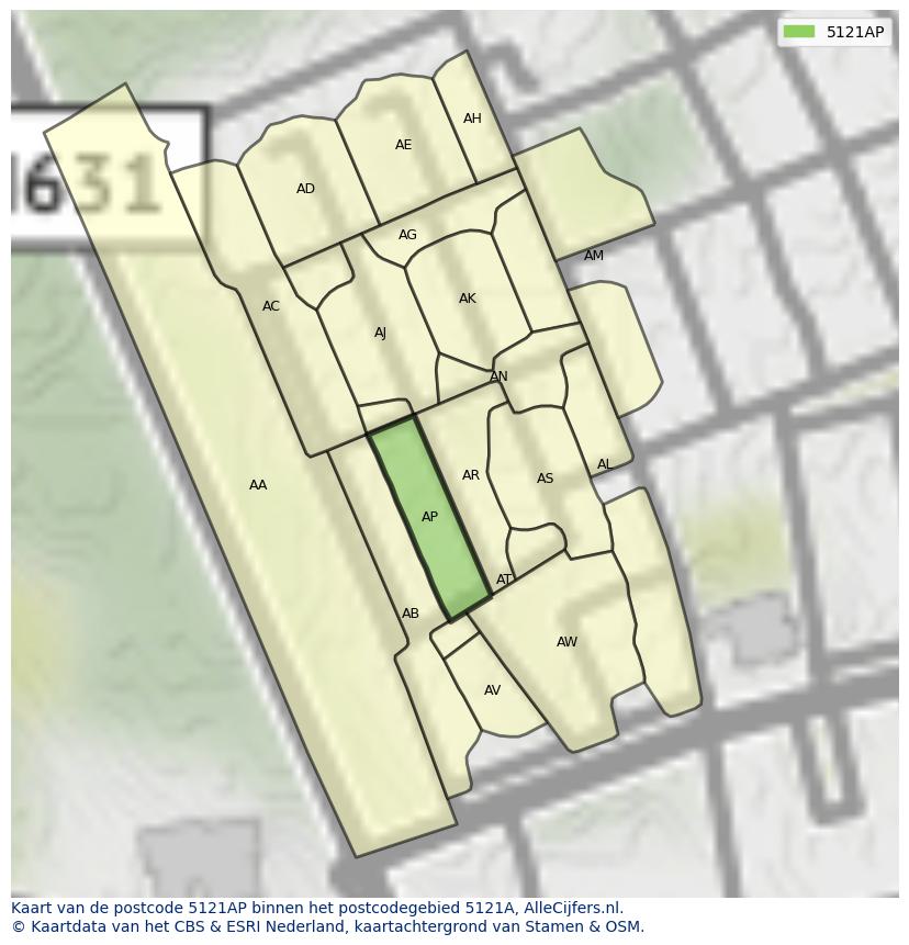 Afbeelding van het postcodegebied 5121 AP op de kaart.