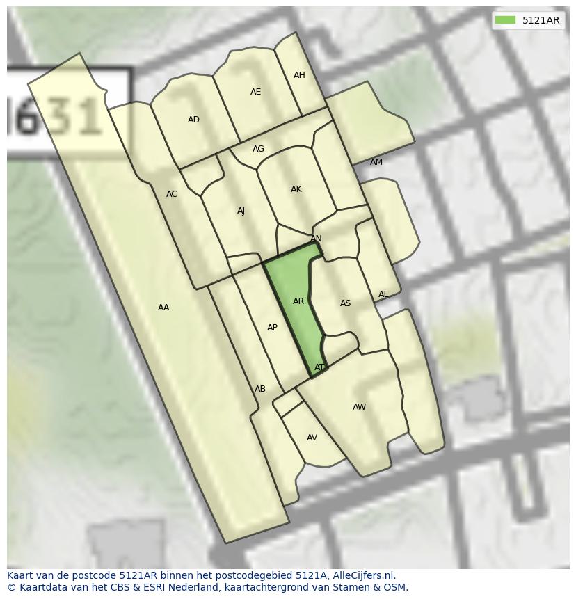 Afbeelding van het postcodegebied 5121 AR op de kaart.