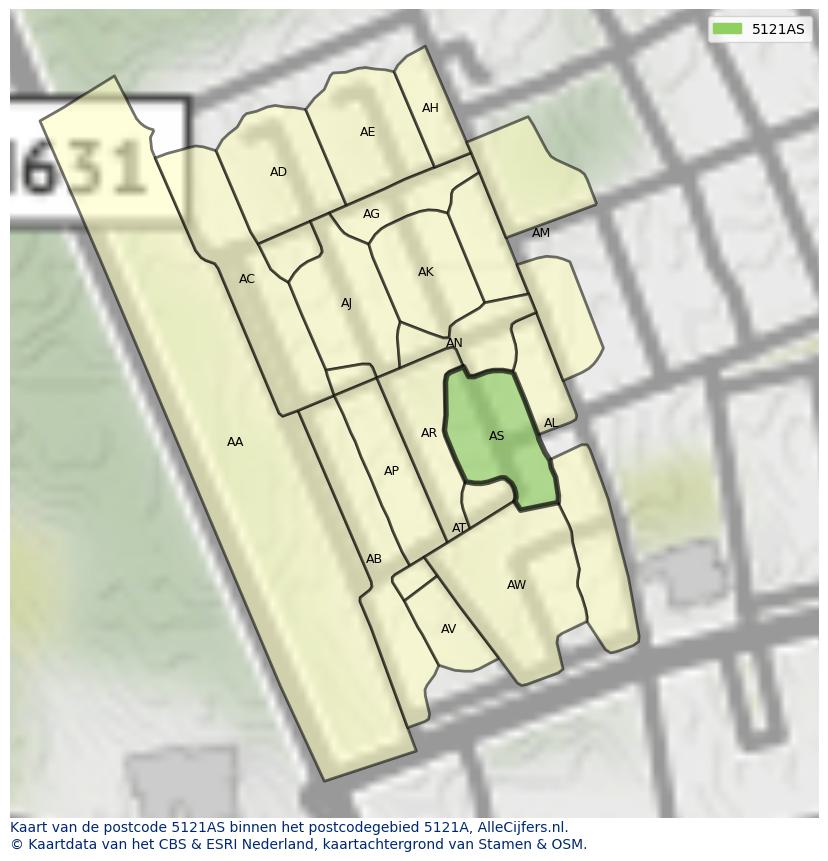 Afbeelding van het postcodegebied 5121 AS op de kaart.
