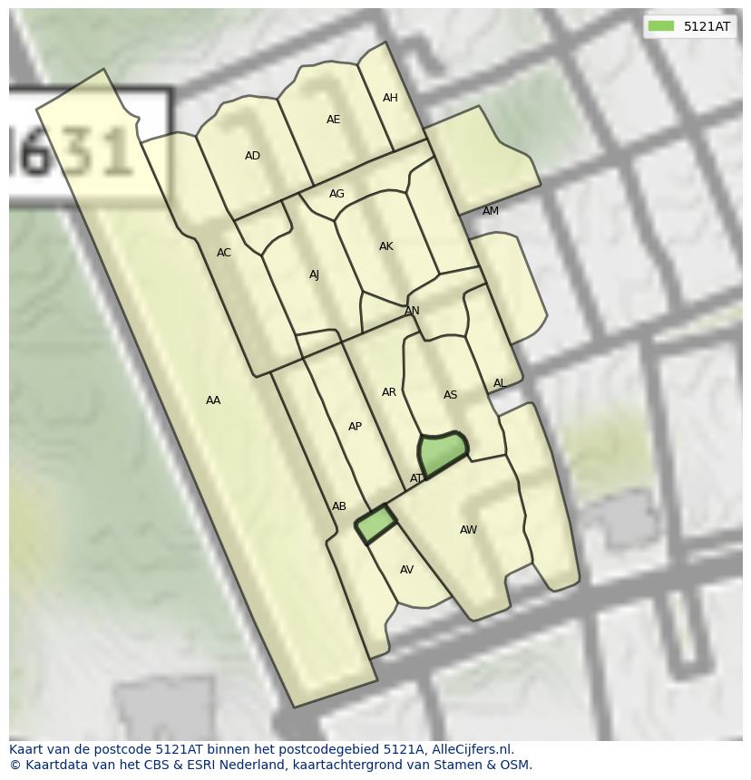 Afbeelding van het postcodegebied 5121 AT op de kaart.