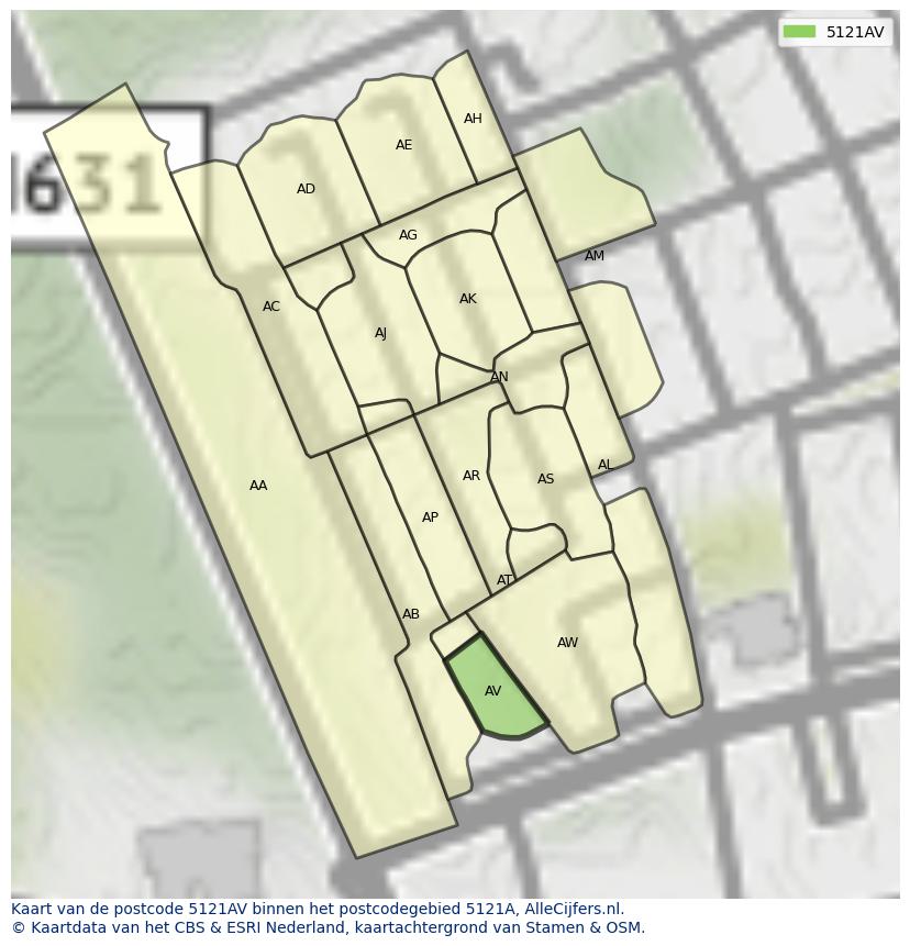 Afbeelding van het postcodegebied 5121 AV op de kaart.