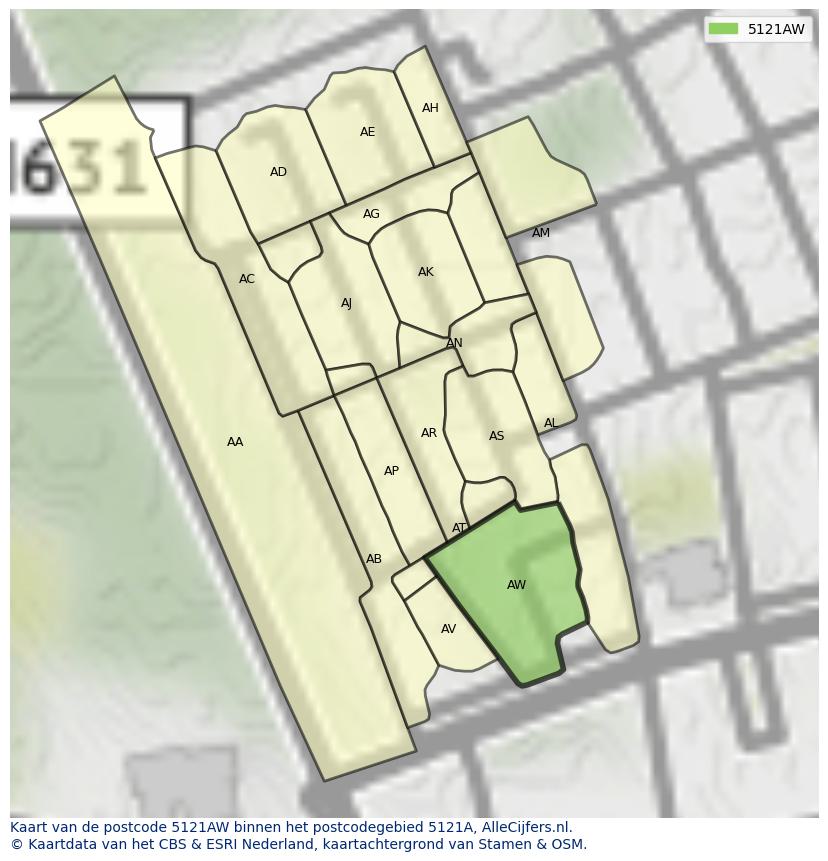 Afbeelding van het postcodegebied 5121 AW op de kaart.