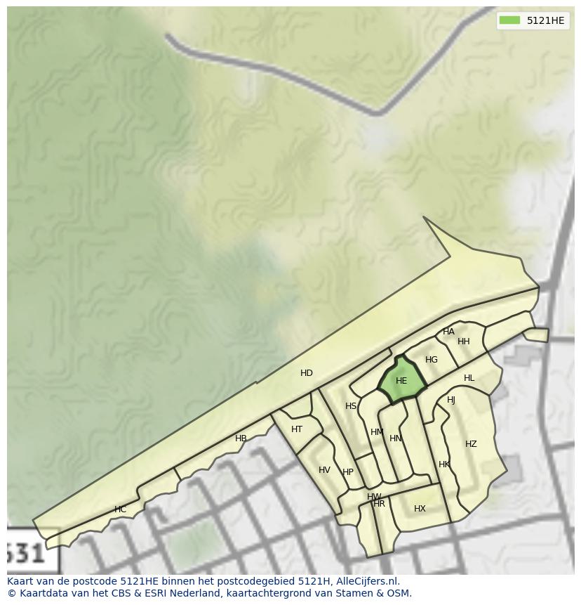 Afbeelding van het postcodegebied 5121 HE op de kaart.