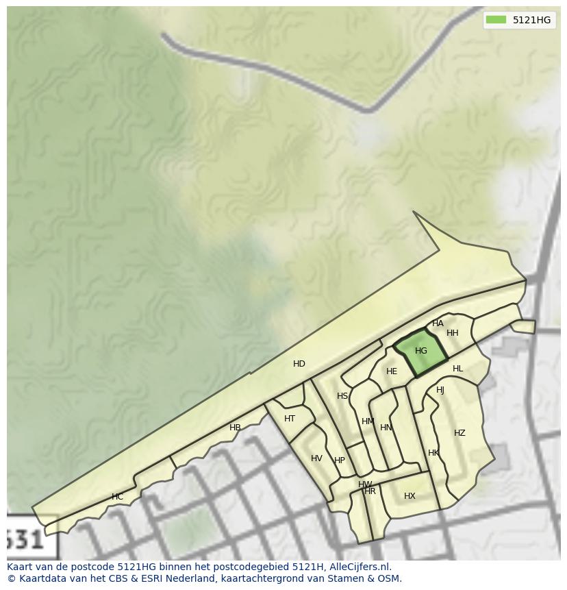 Afbeelding van het postcodegebied 5121 HG op de kaart.
