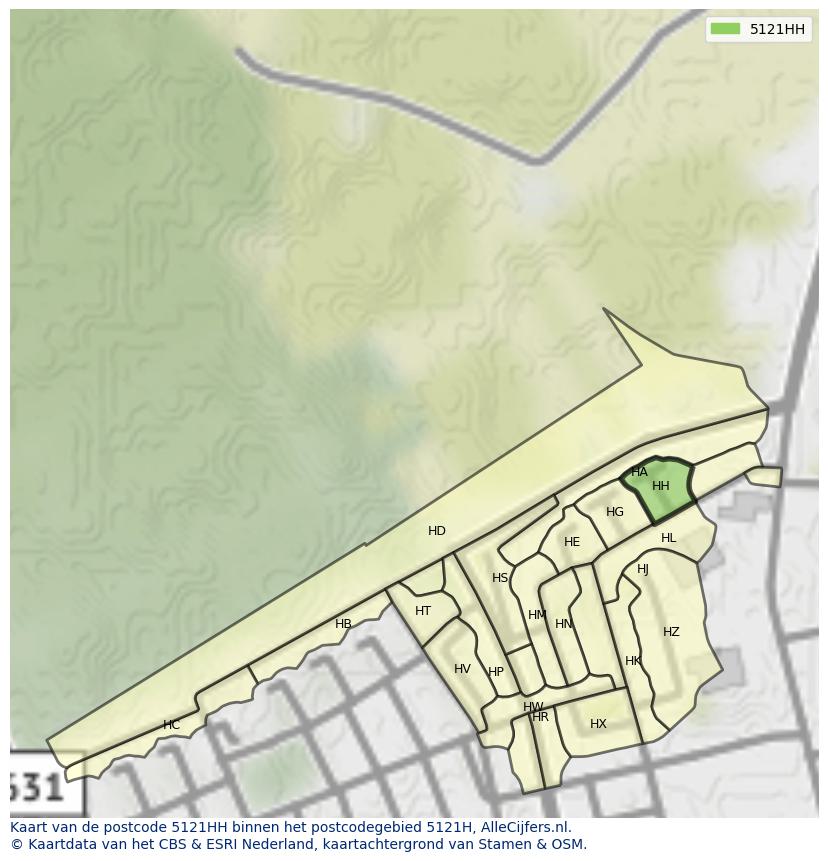 Afbeelding van het postcodegebied 5121 HH op de kaart.