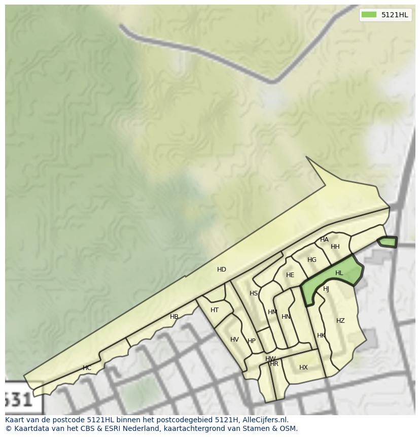 Afbeelding van het postcodegebied 5121 HL op de kaart.