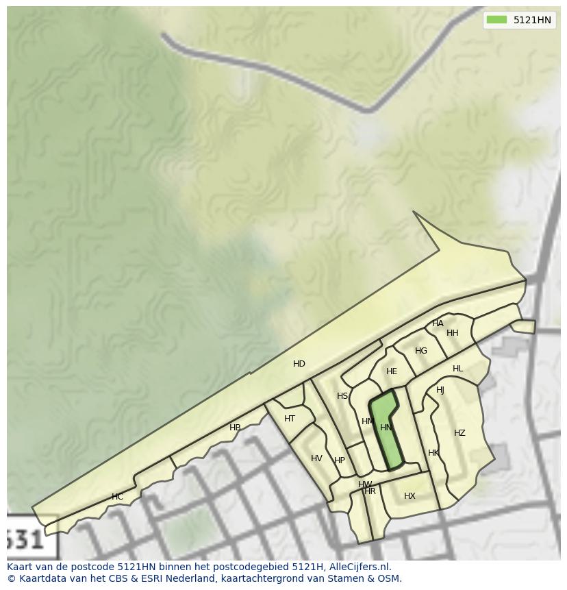Afbeelding van het postcodegebied 5121 HN op de kaart.