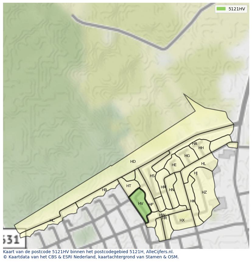 Afbeelding van het postcodegebied 5121 HV op de kaart.