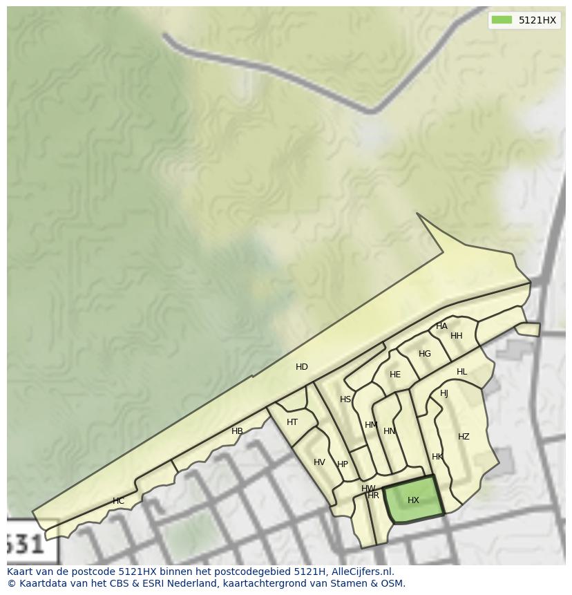 Afbeelding van het postcodegebied 5121 HX op de kaart.