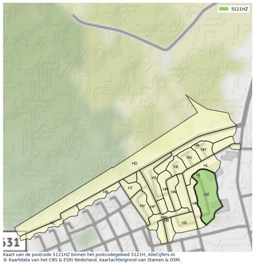 Afbeelding van het postcodegebied 5121 HZ op de kaart.