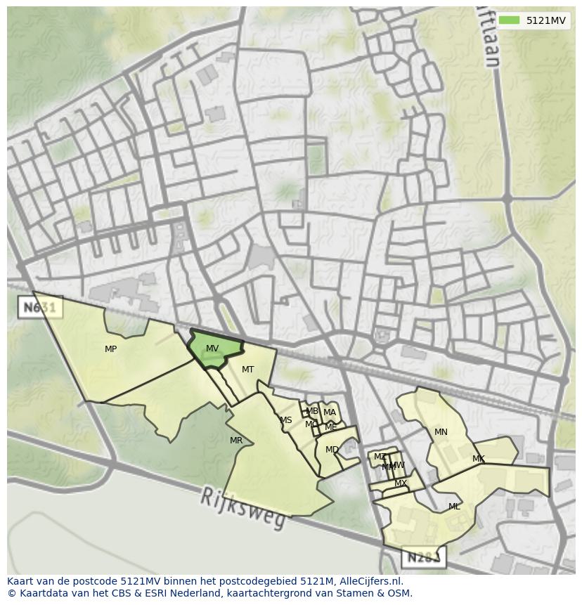 Afbeelding van het postcodegebied 5121 MV op de kaart.