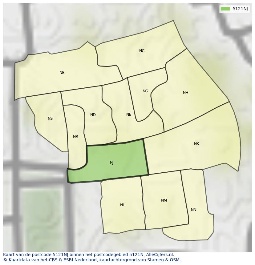 Afbeelding van het postcodegebied 5121 NJ op de kaart.
