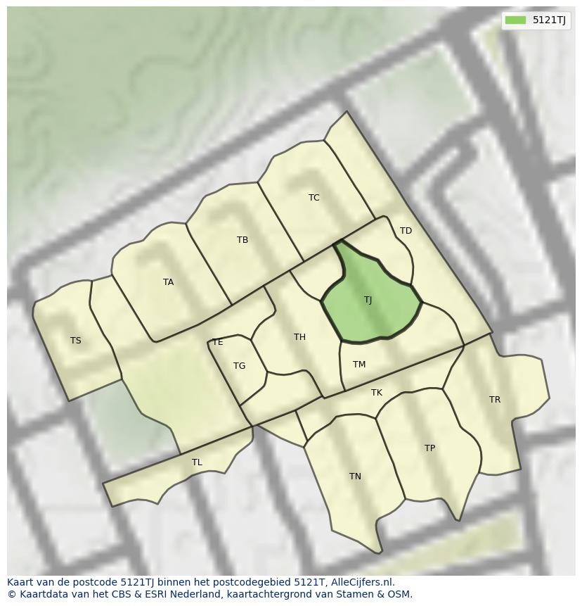 Afbeelding van het postcodegebied 5121 TJ op de kaart.