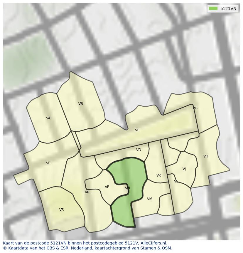 Afbeelding van het postcodegebied 5121 VN op de kaart.