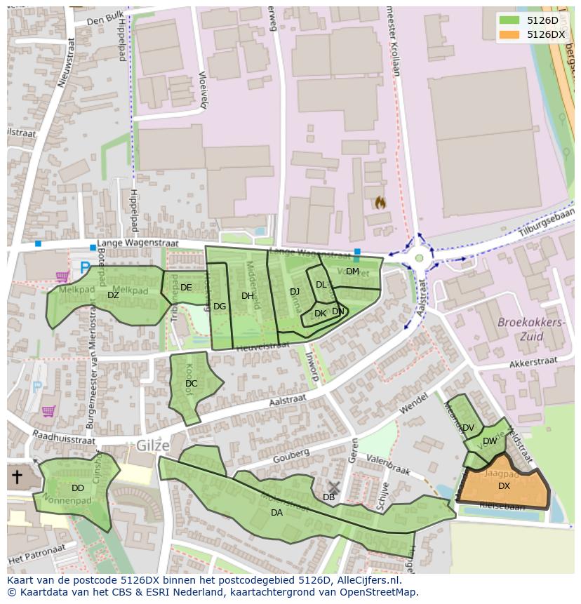 Afbeelding van het postcodegebied 5126 DX op de kaart.