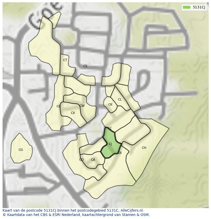 Afbeelding van het postcodegebied 5131 CJ op de kaart.