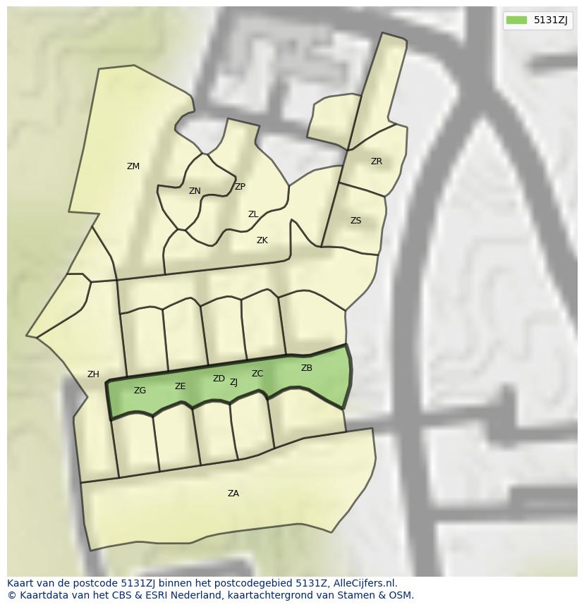 Afbeelding van het postcodegebied 5131 ZJ op de kaart.