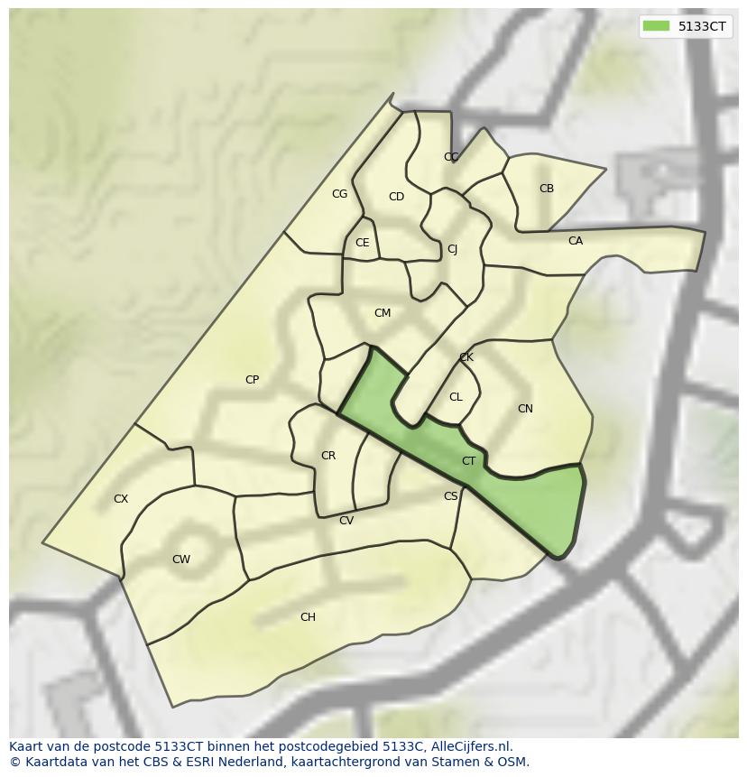 Afbeelding van het postcodegebied 5133 CT op de kaart.