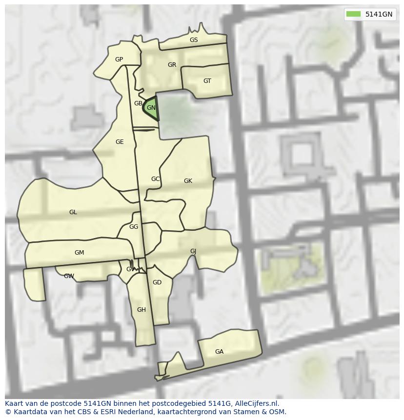 Afbeelding van het postcodegebied 5141 GN op de kaart.