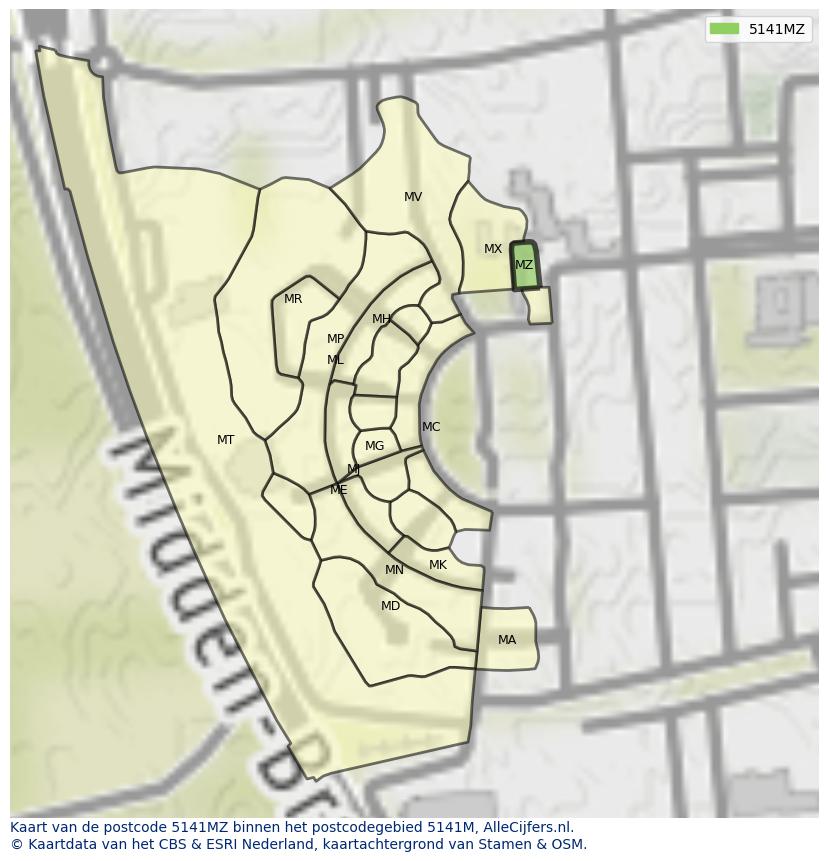 Afbeelding van het postcodegebied 5141 MZ op de kaart.