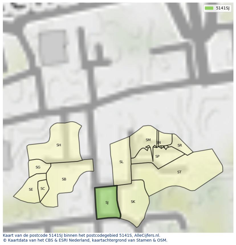 Afbeelding van het postcodegebied 5141 SJ op de kaart.