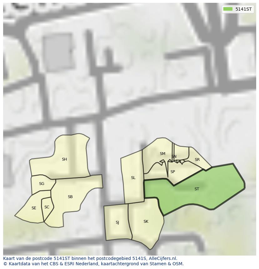 Afbeelding van het postcodegebied 5141 ST op de kaart.