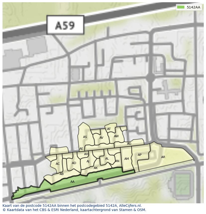 Afbeelding van het postcodegebied 5142 AA op de kaart.