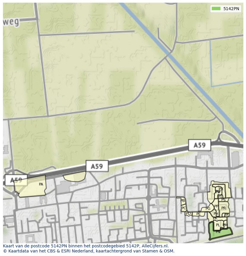 Afbeelding van het postcodegebied 5142 PN op de kaart.