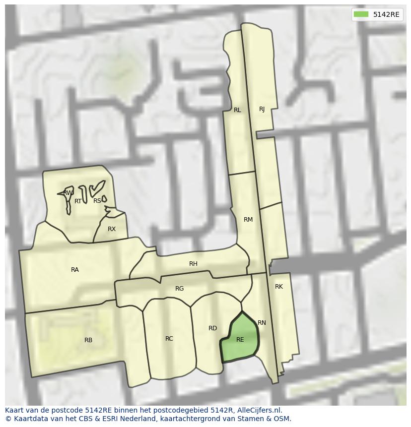 Afbeelding van het postcodegebied 5142 RE op de kaart.