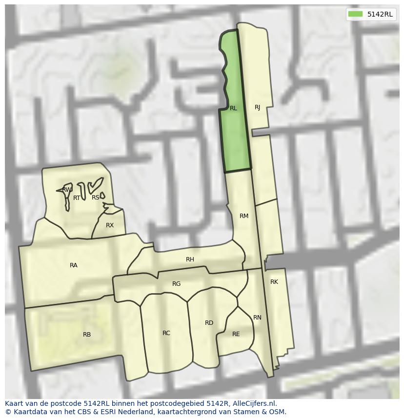 Afbeelding van het postcodegebied 5142 RL op de kaart.