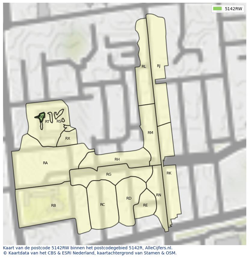 Afbeelding van het postcodegebied 5142 RW op de kaart.