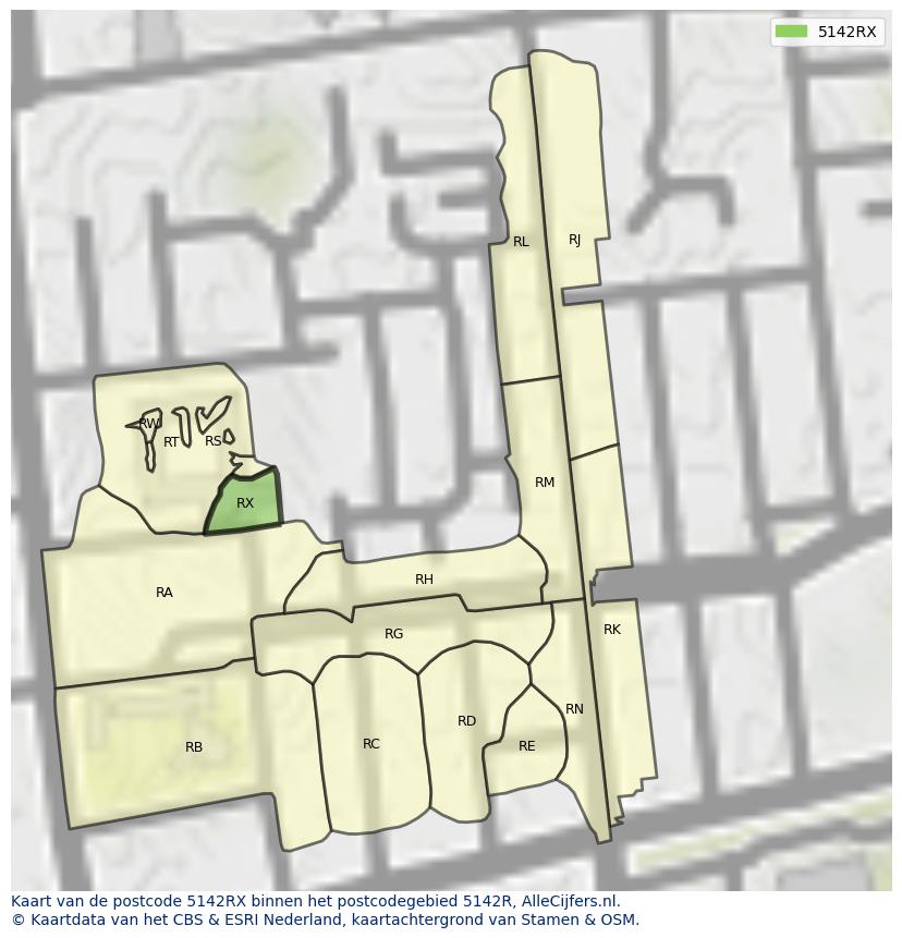 Afbeelding van het postcodegebied 5142 RX op de kaart.