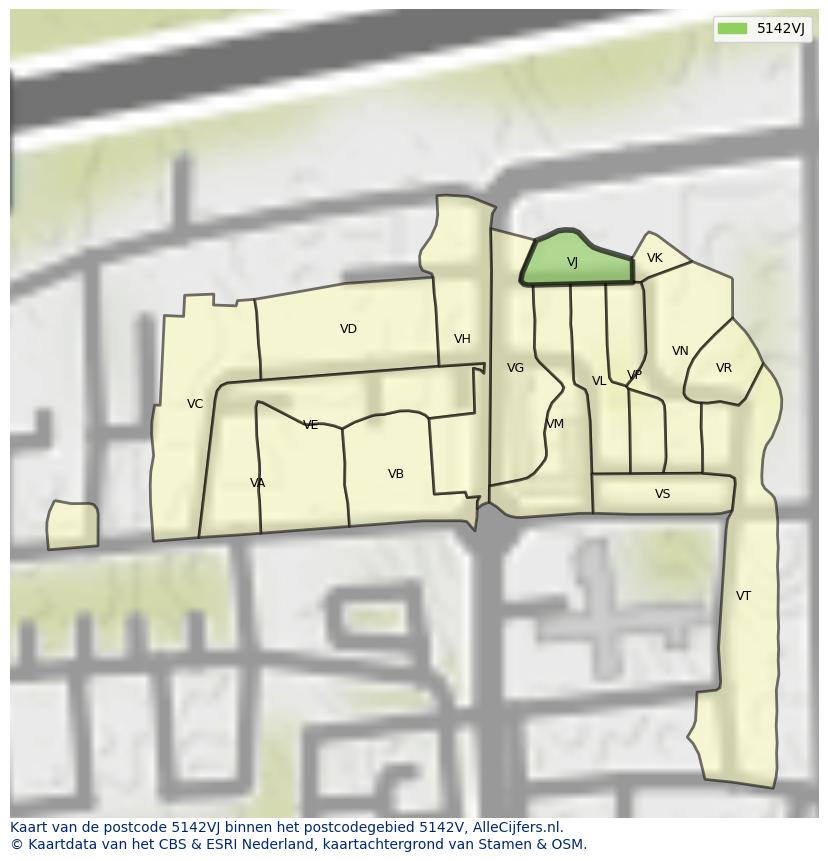 Afbeelding van het postcodegebied 5142 VJ op de kaart.