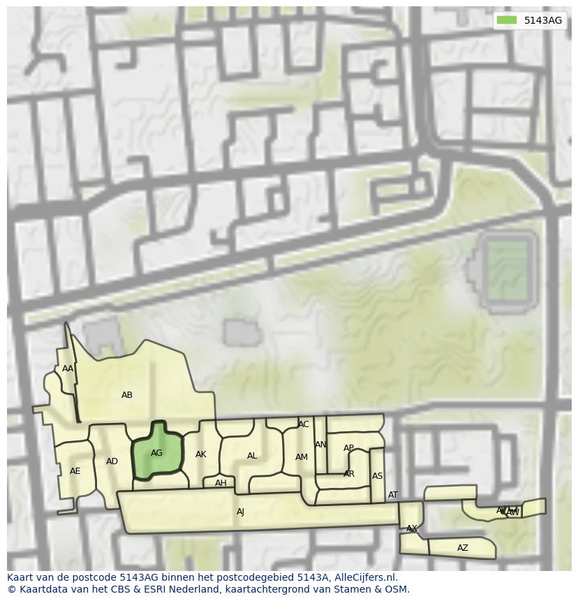 Afbeelding van het postcodegebied 5143 AG op de kaart.