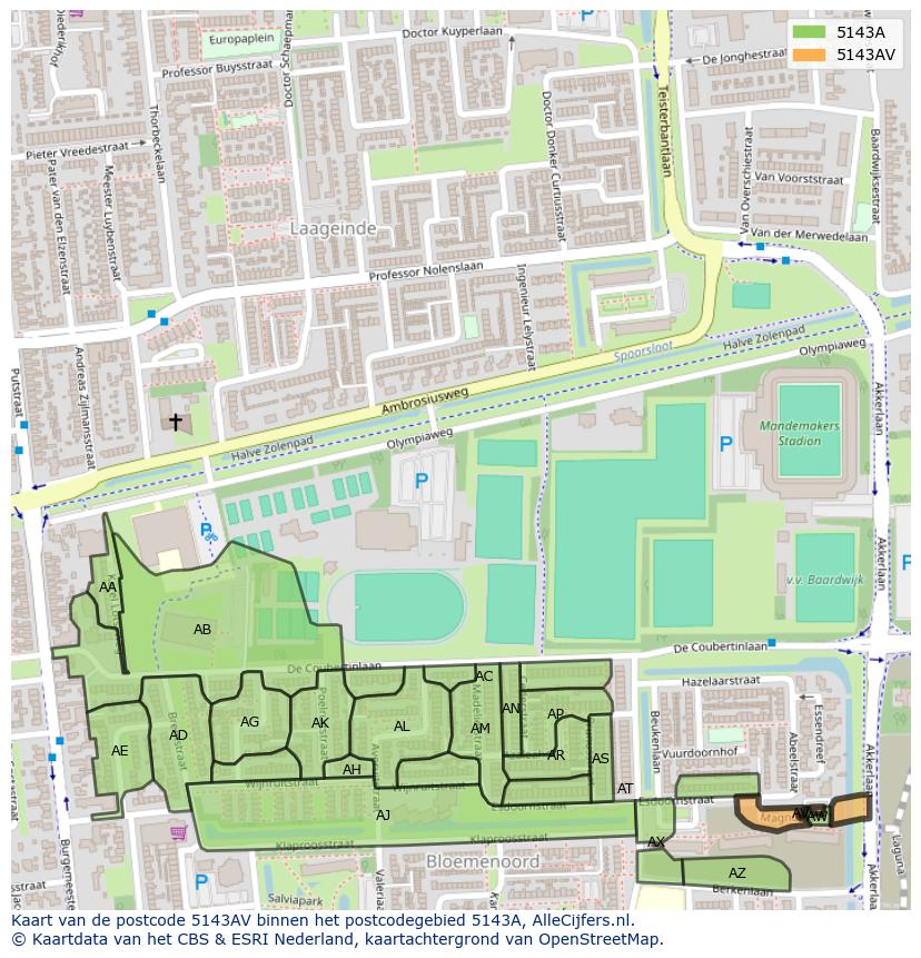 Afbeelding van het postcodegebied 5143 AV op de kaart.