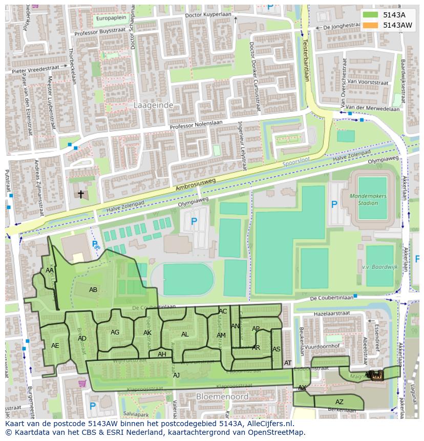 Afbeelding van het postcodegebied 5143 AW op de kaart.