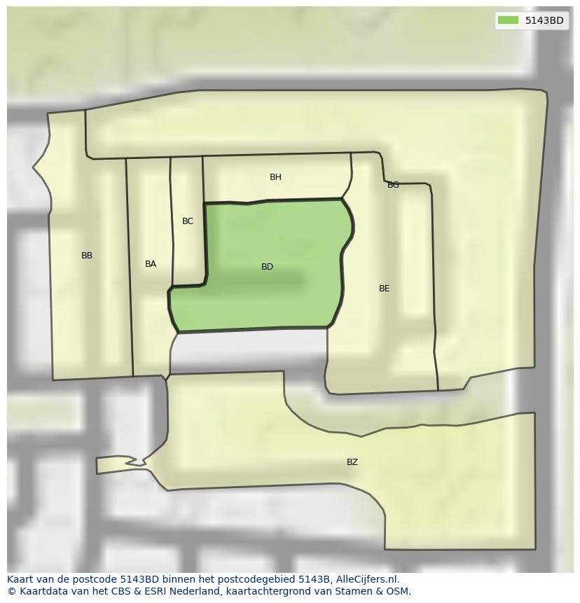 Afbeelding van het postcodegebied 5143 BD op de kaart.