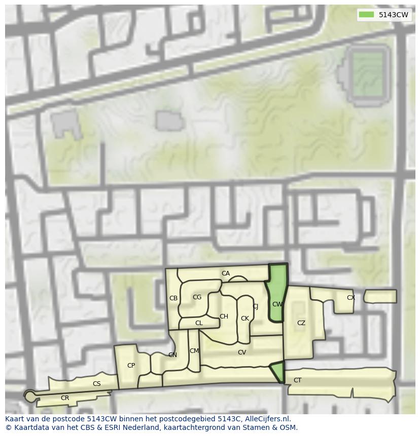 Afbeelding van het postcodegebied 5143 CW op de kaart.