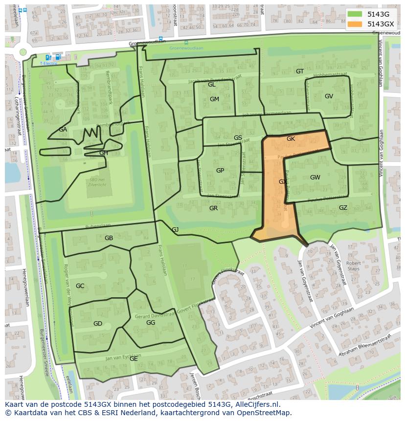 Afbeelding van het postcodegebied 5143 GX op de kaart.