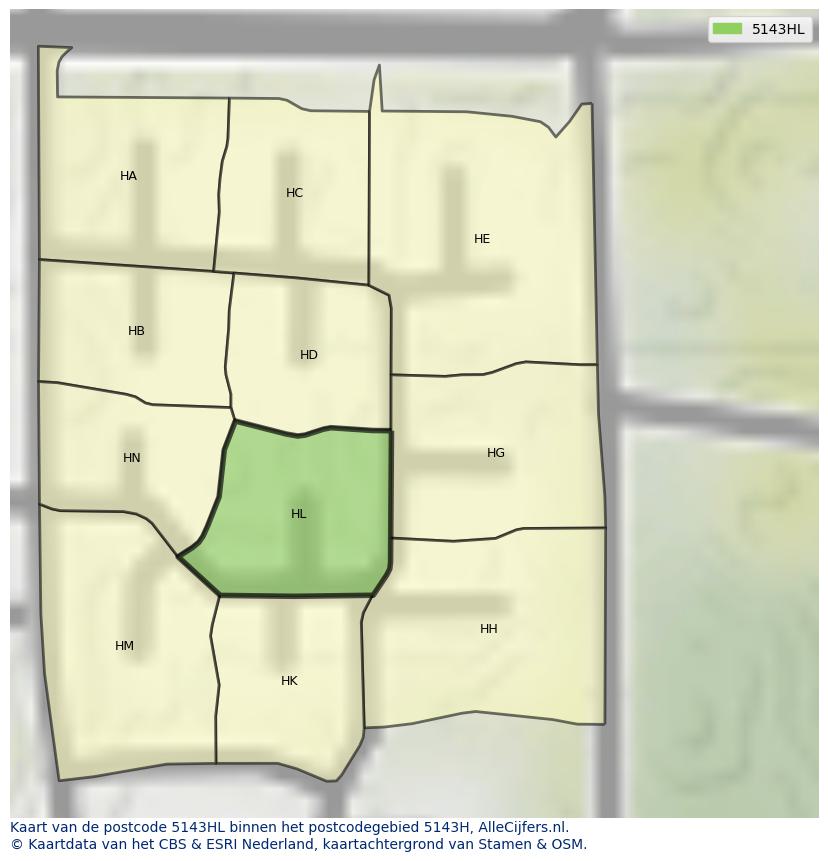 Afbeelding van het postcodegebied 5143 HL op de kaart.